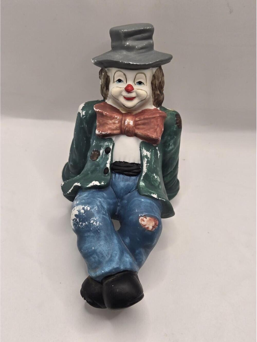 Vintage Shelf Sitter Painted Ceramic Sad Clown Statuette Hobo with Bowtie